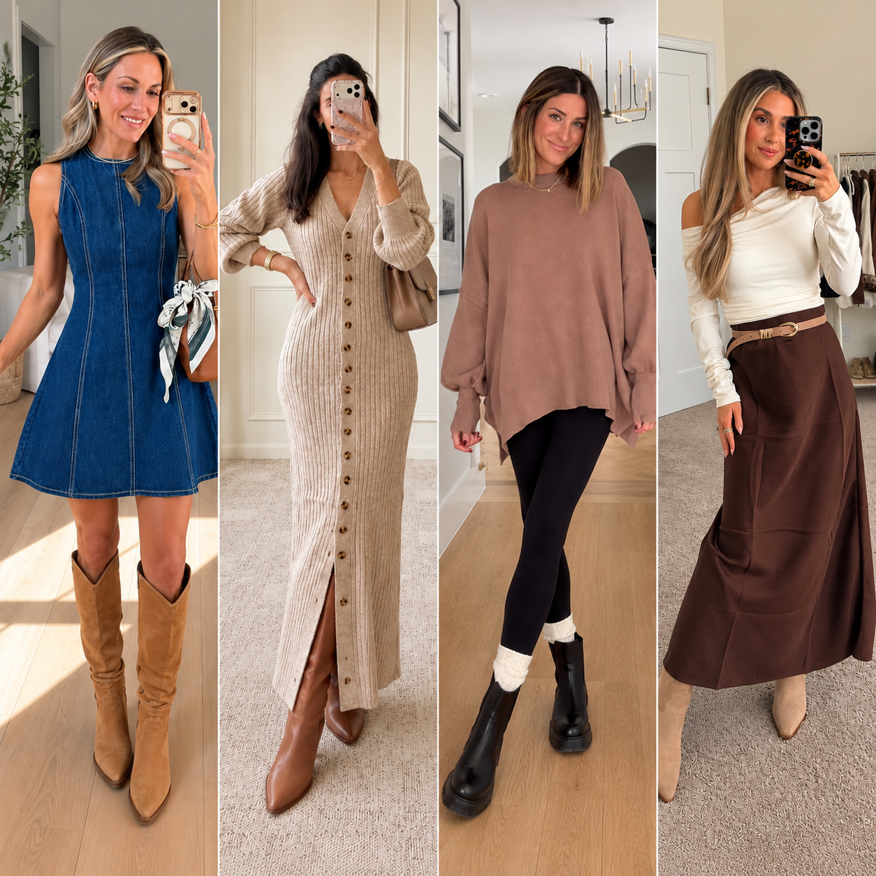Collage feature image showing four classy Thanksgiving outfits side by side, including a sleeveless denim mini dress with tan boots, a beige button-front knit maxi dress with brown boots, an oversized taupe sweater with black leggings and chunky boots, and a white off-shoulder top with a chocolate brown maxi skirt and beige boots.