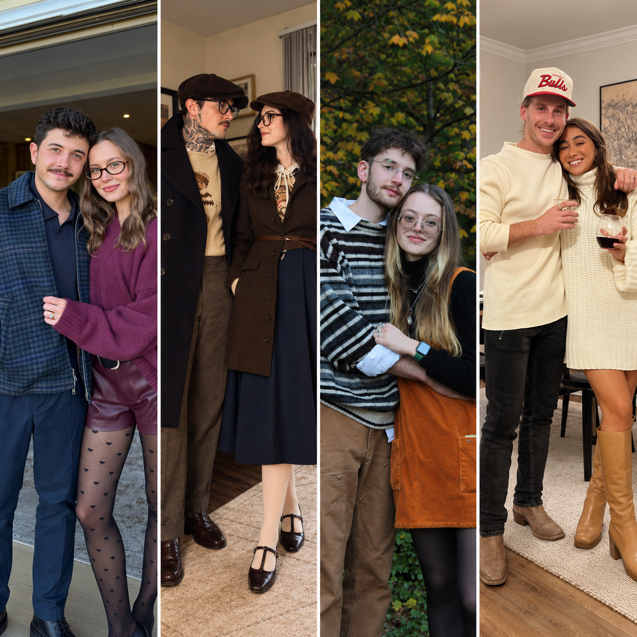Collage of four stylish couples Thanksgiving outfits featuring casual plaid and orange skirt styling, vintage layered coats, a striped sweater with a corduroy pinafore dress, and a cozy cream sweater dress with tan boots.