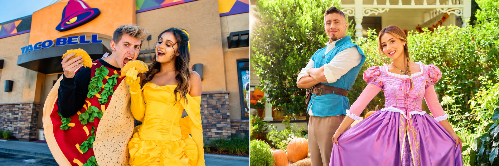 Collage featuring Taco and Belle and Rapunzel and Flynn Rider as cute couple Halloween costumes.