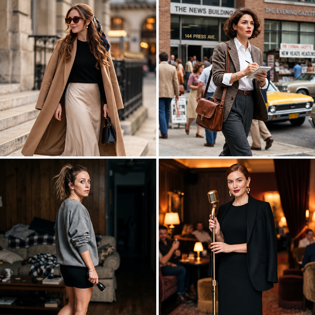 Collage of four stylish Halloween outfits from my closet, featuring a runaway heiress, retro news reporter, final girl, and velvet lounge singer look.