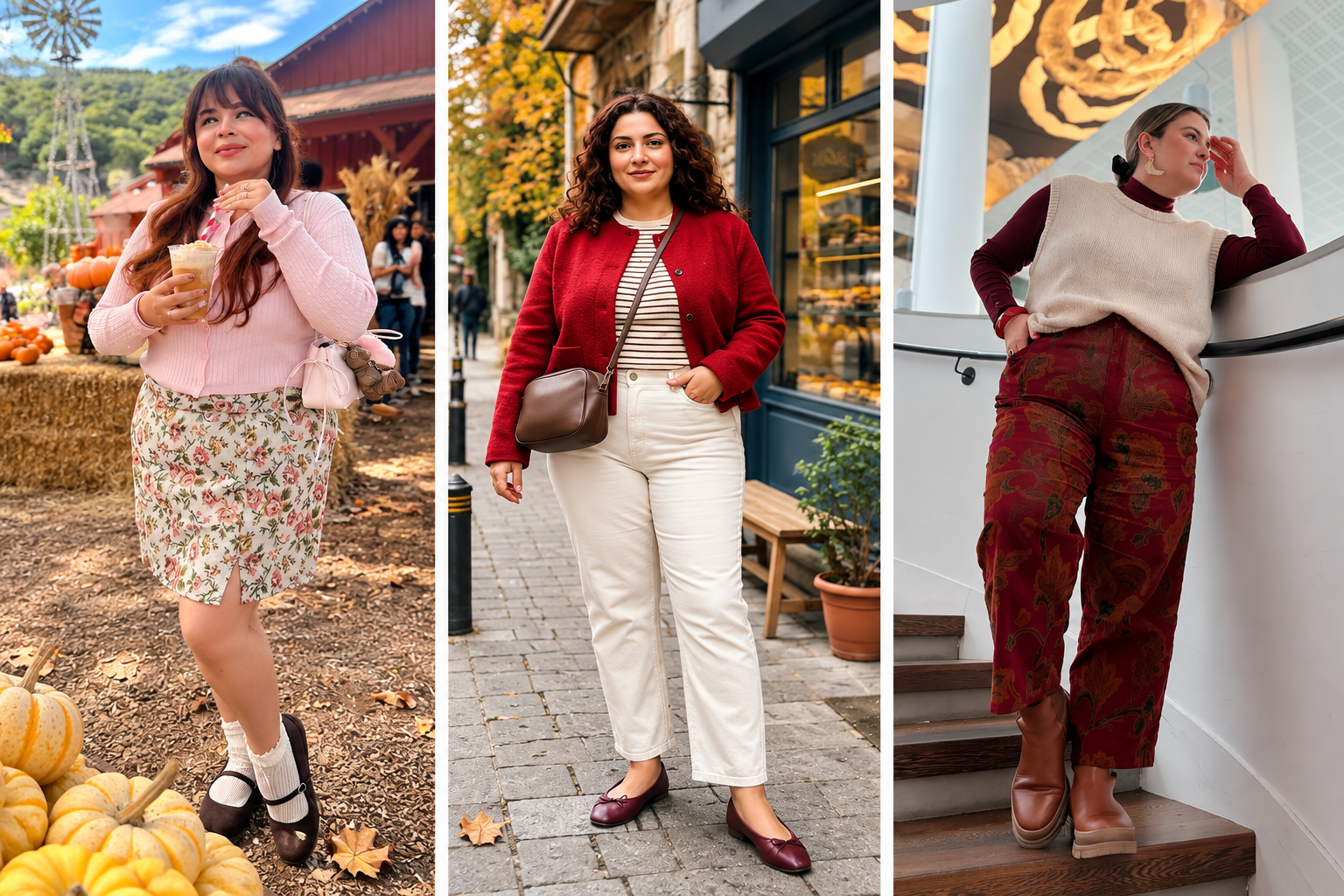 Plus size fall outfits featuring three women in stylish autumn looks with a floral skirt, white jeans, layered knits, and rich fall colors.