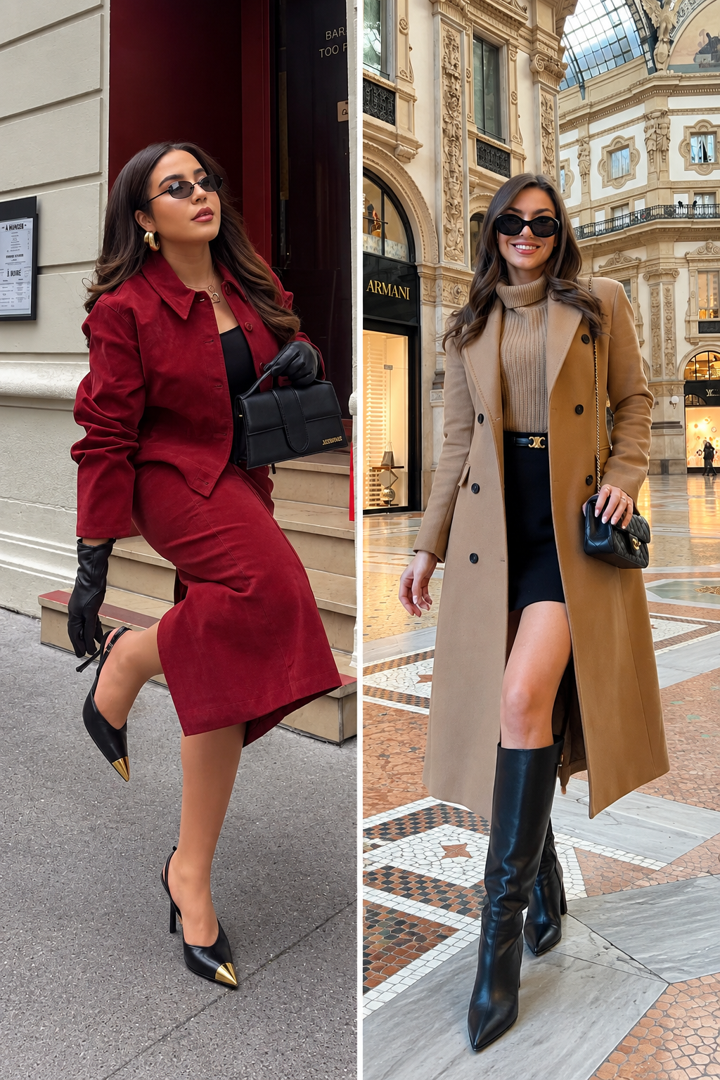Side-by-side fall outfits fashion collage featuring a burgundy skirt suit with black heels and a camel long coat styled with a beige turtleneck, black mini skirt, and knee-high boots.