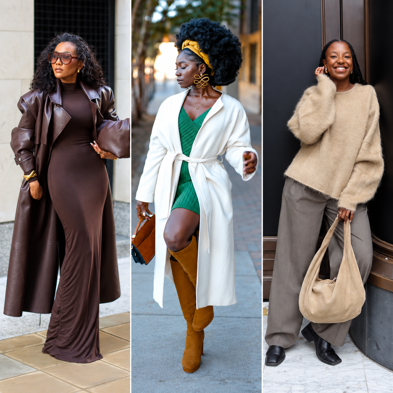 Stylish feature collage showing three fall outfits black women wearing, including a monochrome brown maxi look, a green mini dress with a white coat, and a neutral sweater with tailored trousers.