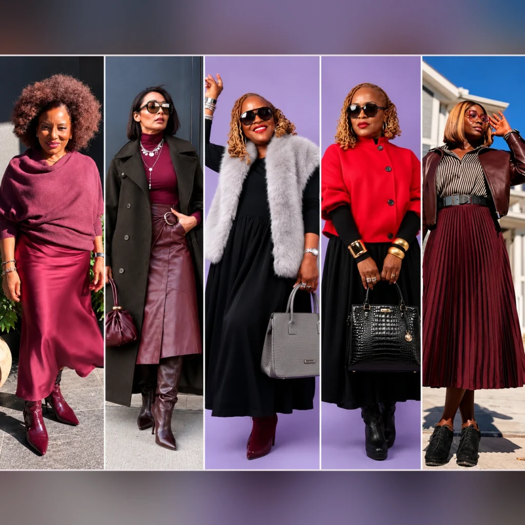 Collage of five stylish fall outfits for Black women over 50 , including burgundy satin and leather skirts, a gray faux-fur vest, a bold red jacket, tailored coats, and ankle boots.
