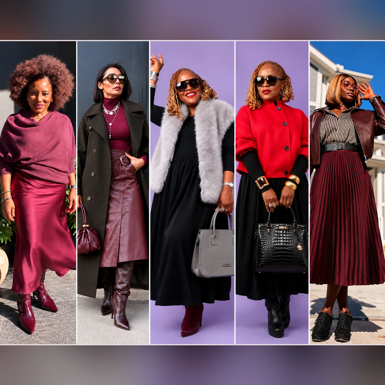 Collage of five stylish fall outfits for Black women over 50 , including burgundy satin and leather skirts, a gray faux-fur vest, a bold red jacket, tailored coats, and ankle boots.