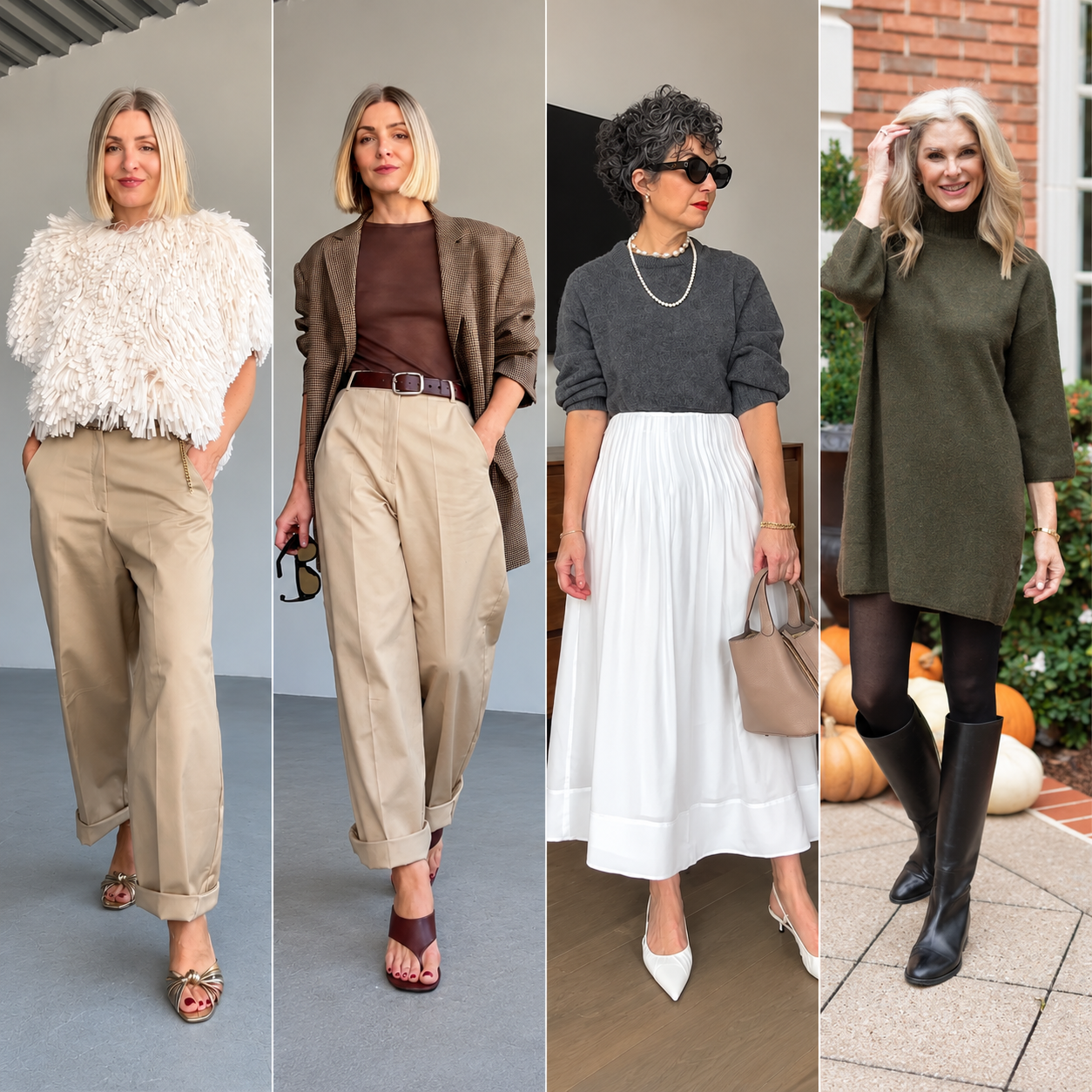 Feature image collage showing four elegant thanksgiving outfits for women over 50, including neutral wide-leg trousers with a textured cream top, a brown blazer with beige pants, a gray sweater with a white pleated midi skirt, and an olive sweater dress styled with black knee-high boots.