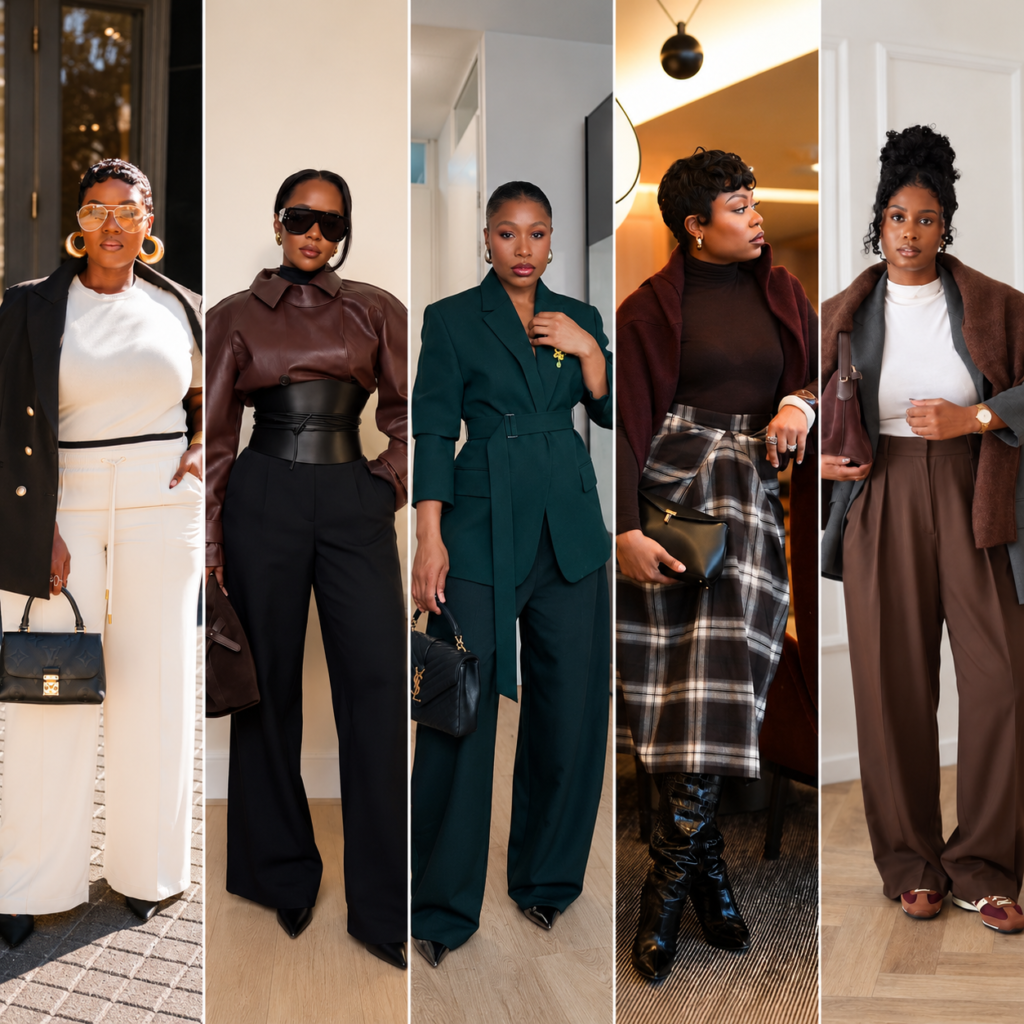 Collage of five stylish fall work outfits for Black women featuring a cream pantsuit with black blazer, brown leather top with wide-leg trousers, forest green power suit, plaid midi skirt with burgundy layers, and chocolate brown business casual outfit.