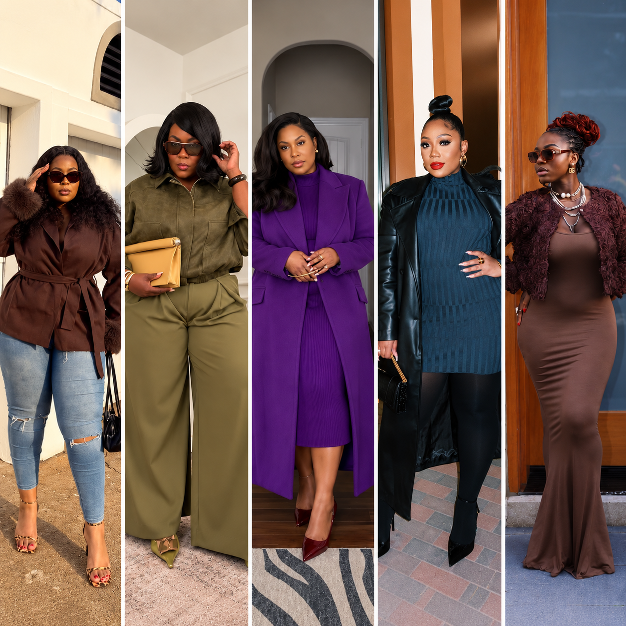 Collage of five fall outfits for plus size Black women , including a brown belted jacket with ripped jeans, an olive wide-leg set, a purple coat dress, a black leather layered look, and a fitted brown maxi dress.