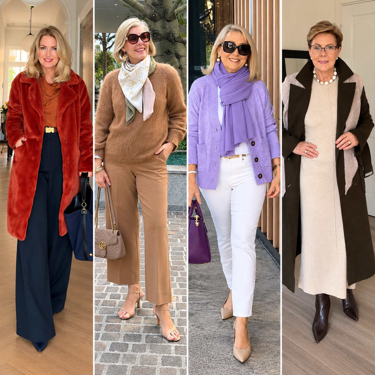 Four stylish women over 50 wearing chic and casual winter outfits for women over 50 in a side-by-side collage featuring a rust coat, camel knit set, lavender cardigan look, and cream sweater dress with dark coat.