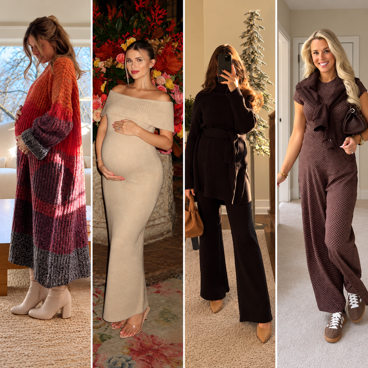 Collage of four pregnant women wearing cozy and elegant maternity Thanksgiving outfits, including a colorful knit sweater dress, beige off-shoulder maxi dress, black knit set, and brown polka dot jumpsuit.