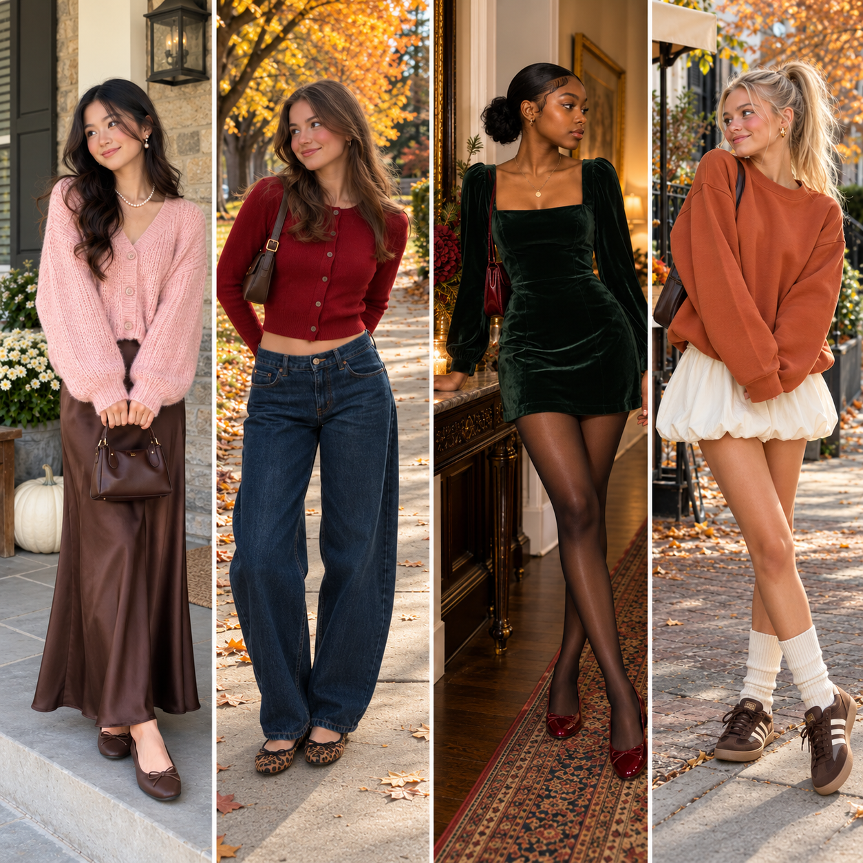 Collage feature image showing four thanksgiving outfits for teens in realistic fall outfits, including a pink cardigan with a brown satin skirt, a red cardigan with wide-leg jeans, a forest green velvet dress, and a burnt orange sweatshirt with a cream bubble skirt.