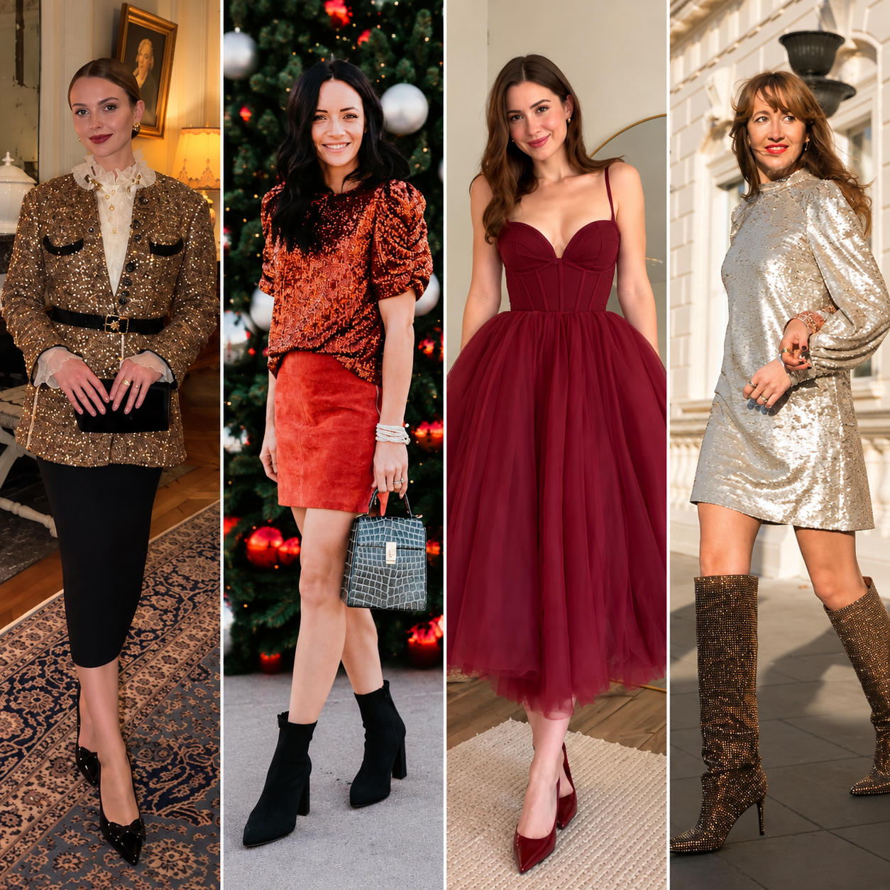 Horizontal collage feature image showing four festive casual Christmas party outfits: a woman in a gold sequin jacket with a black skirt, a woman in a copper sequin top with a red mini skirt, a woman in a burgundy tulle midi dress, and two women in sparkly mini dresses with glitter boots.