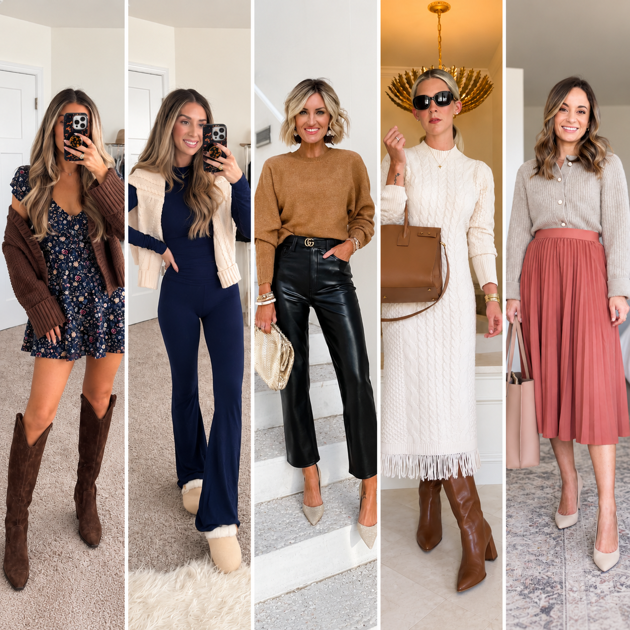 Collage feature image showing five friendsgiving outfits for women in side-by-side vertical panels, including a floral mini dress with a brown cardigan and boots, a navy comfy set with a cream sweater, a camel sweater with black leather pants, a cream cable-knit sweater dress with brown boots, and a beige cardigan with a dusty rose pleated skirt.