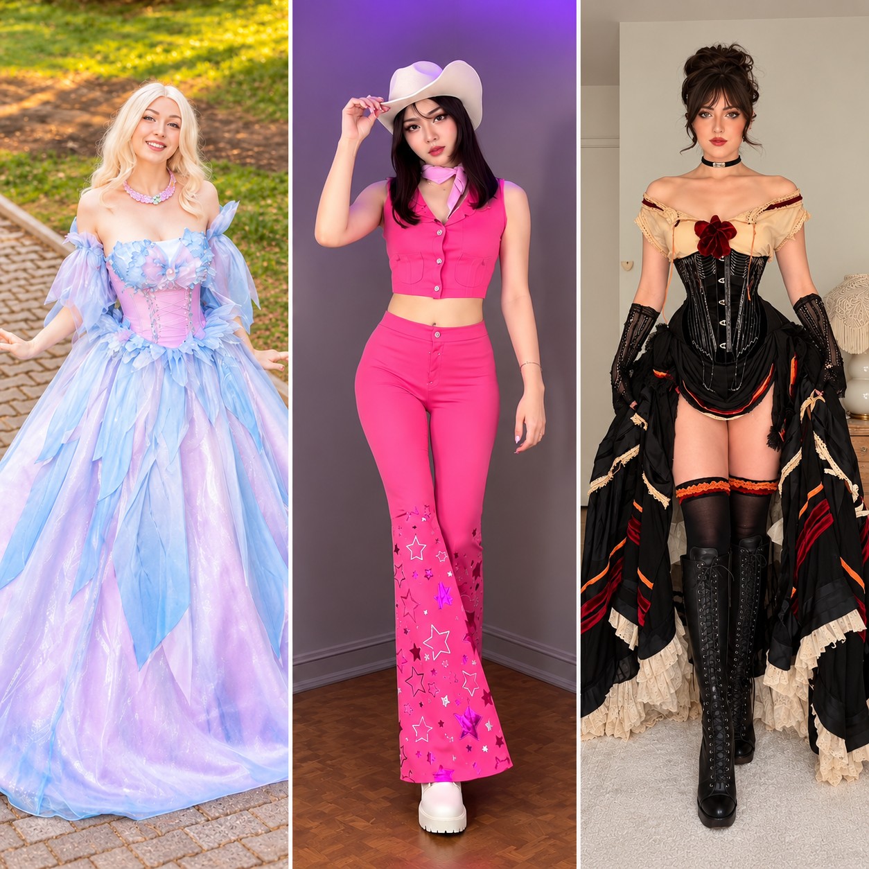 Three-panel Halloween costume collage featuring a pastel fairy princess gown, a bright pink cowgirl outfit, and a dramatic black corset costume for iconic Halloween costumes inspiration.