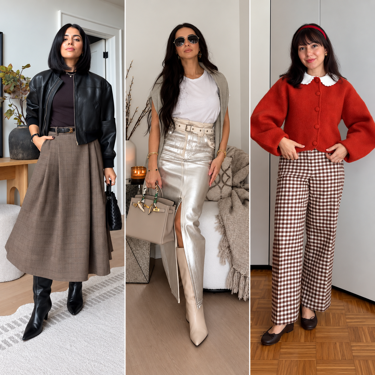 Three-panel collage featuring petite fall outfits: a black leather jacket with a brown midi skirt, a metallic silver maxi skirt with a white tee and boots, and a red cardigan with gingham wide-leg pants.