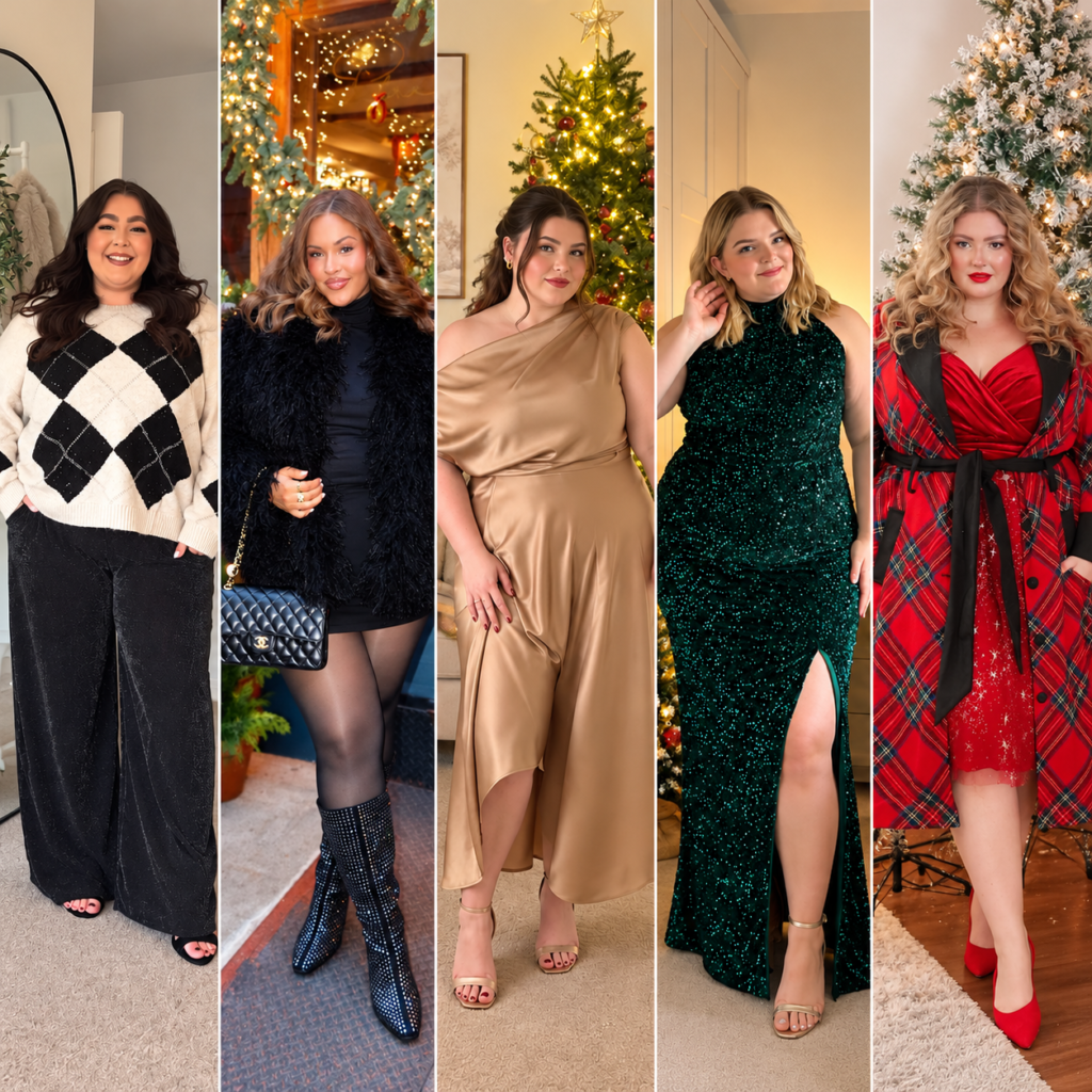 Collage of five plus-size women wearing festive plus size Christmas party outfits, including a cozy argyle sweater with sparkly pants, a black faux-fur mini dress look, a champagne satin dress, an emerald green sequin gown, and a red plaid holiday outfit.