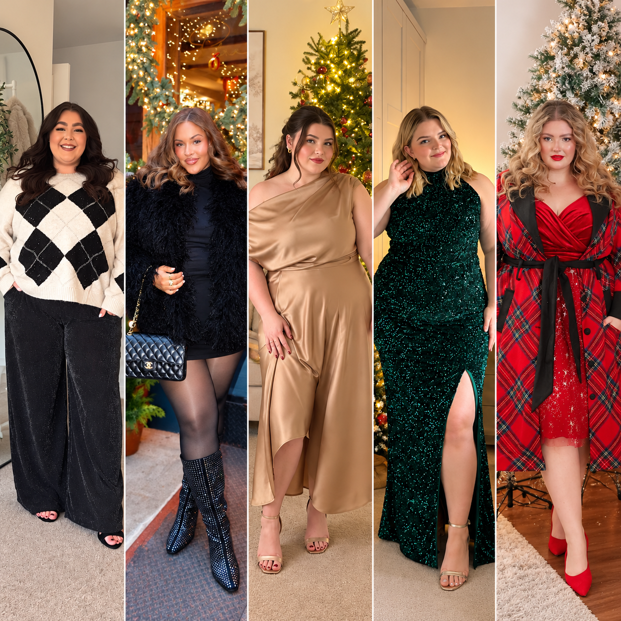 Collage of five plus-size women wearing festive plus size Christmas party outfits, including a cozy argyle sweater with sparkly pants, a black faux-fur mini dress look, a champagne satin dress, an emerald green sequin gown, and a red plaid holiday outfit.