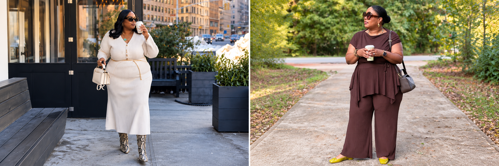 Feature image collage showing two plus size fall outfits Black women in stylish fall outfits side by side, one wearing a cream knit maxi look with snakeskin boots on a city sidewalk and the other wearing a chocolate brown pleated set with bright flats on a tree-lined path.