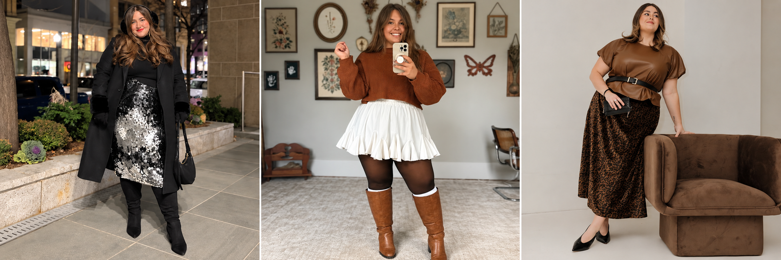 Three plus size fall outfits women featuring a black sequin skirt with long coat, a rust sweater with white mini skirt and tall boots, and a brown top with leopard print midi skirt.