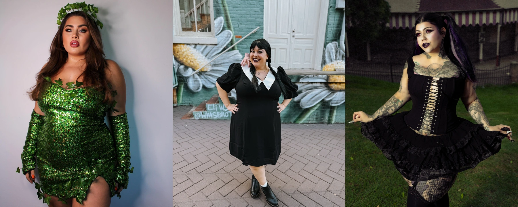Three plus size women wearing plus size Halloween outfits, including a green ivy costume, a black gothic schoolgirl dress, and a dark vampire look.