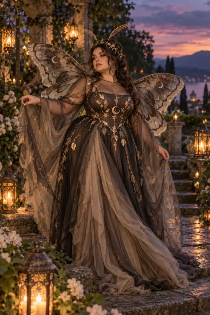 Plus size woman wearing a Moon Moth Queen Halloween costume with smoky black and taupe dress, gold accents, moth wings, and antenna headpiece in a lantern-lit garden at dusk.
