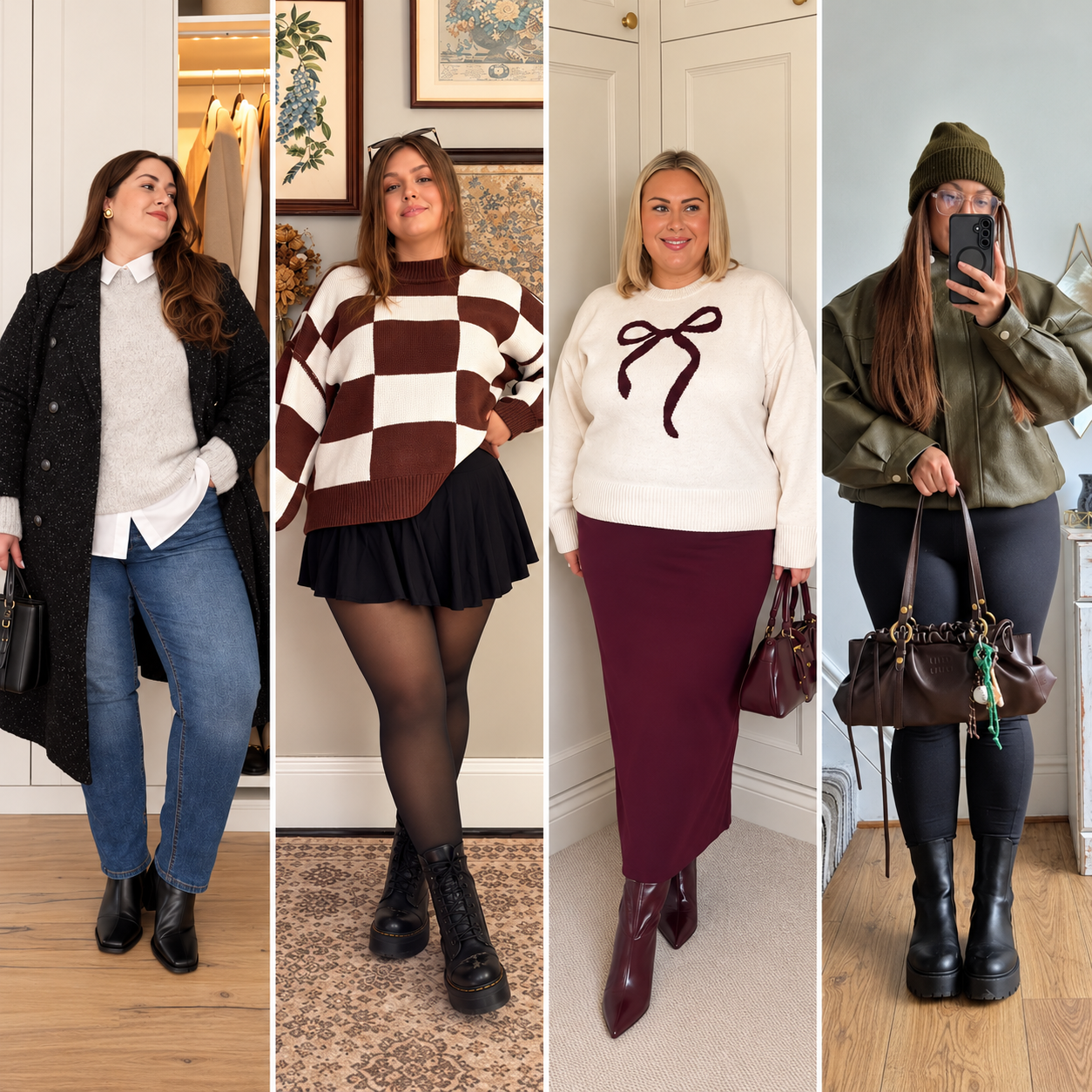 Collage feature image showing four plus size winter outfits side by side, including a long dark coat with jeans, a brown checkered sweater with a black mini skirt, a cream bow sweater with a burgundy midi skirt, and an olive bomber jacket with black leggings.