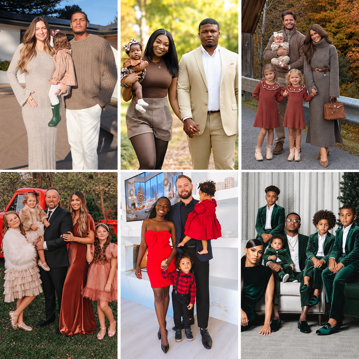 Collage of six stylish Thanksgiving family outfits arranged in a 3-by-2 grid, featuring coordinated family looks in neutral knits, elegant dresses, festive red outfits, and rich green velvet formalwear.