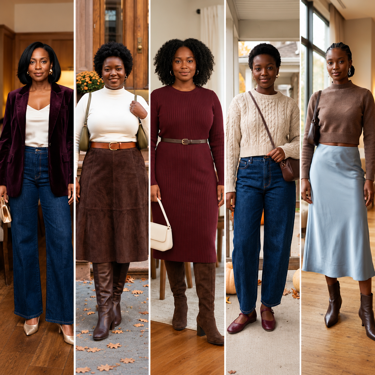 Collage feature image showing five Black women in stylish fall Thanksgiving outfits black women, arranged side by side in a horizontal-style strip, including a plum velvet blazer with jeans, a cream turtleneck with brown suede skirt, a burgundy sweater dress, a cable-knit sweater with barrel jeans, and a brown sweater with a light blue satin skirt.