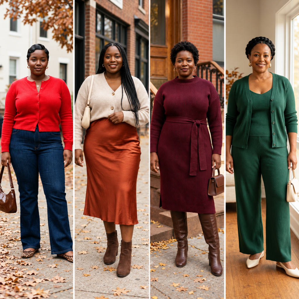 Collage of four thanksgiving outfits for plus size Black women wearing chic fall Thanksgiving outfits, including a red cardigan with jeans, a rust satin skirt with a cream sweater, a burgundy sweater dress with boots, and a forest green knit matching set.