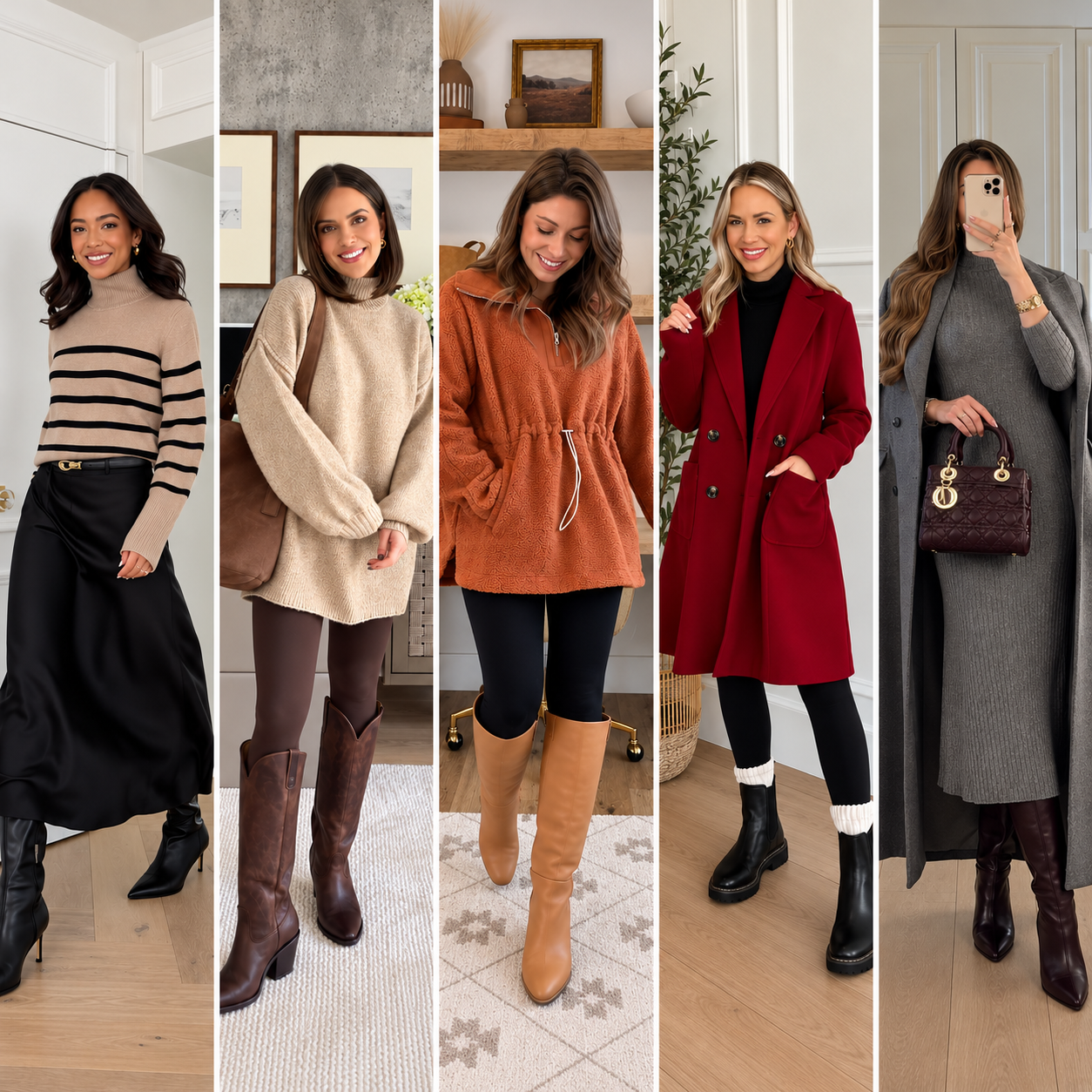 Collage of five women wearing stylish Thanksgiving outfits for cold weather, including a striped sweater with satin skirt, oversized beige sweater with brown boots, rust fleece pullover with leggings, red coat with black boots, and a gray ribbed sweater dress with a long coat.