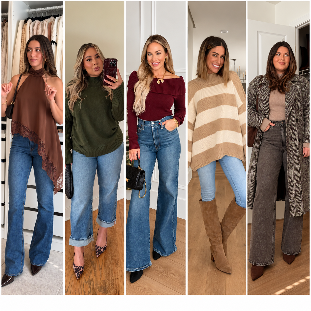 Collage of five chic Thanksgiving outfits with jeans, featuring dressy tops, cozy knits, flared denim, knee-high boots, and a long herringbone coat in neutral fall tones.