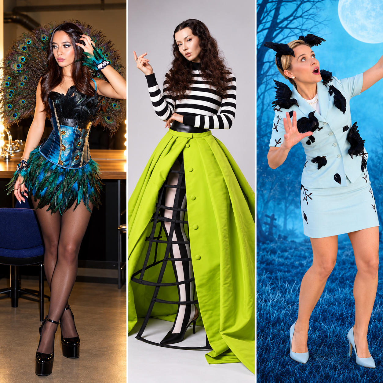 Three women in trendy Halloween costumes shown side by side in a collage, featuring a peacock feather costume, a black and white striped top with a neon green dramatic skirt, and a pale blue bird-inspired costume.
