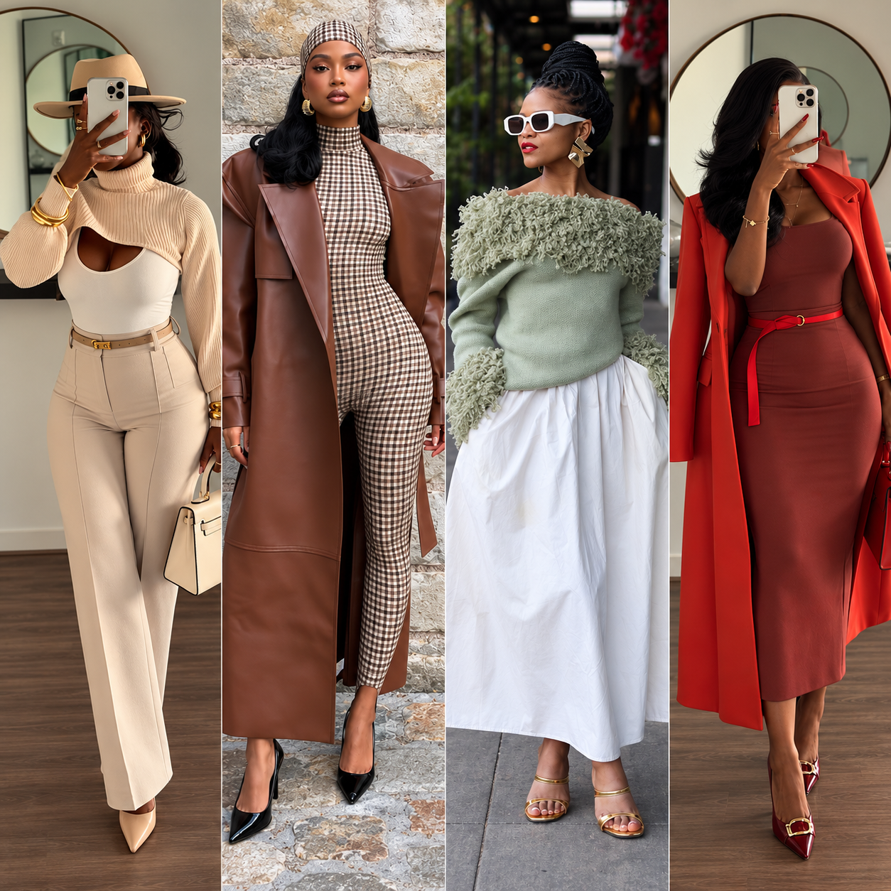 Collage feature image showing four stylish winter outfits for Black women, including a cream neutral look, a brown leather coat with checkered set, a sage textured sweater with white skirt, and a red coat over a fitted midi dress.