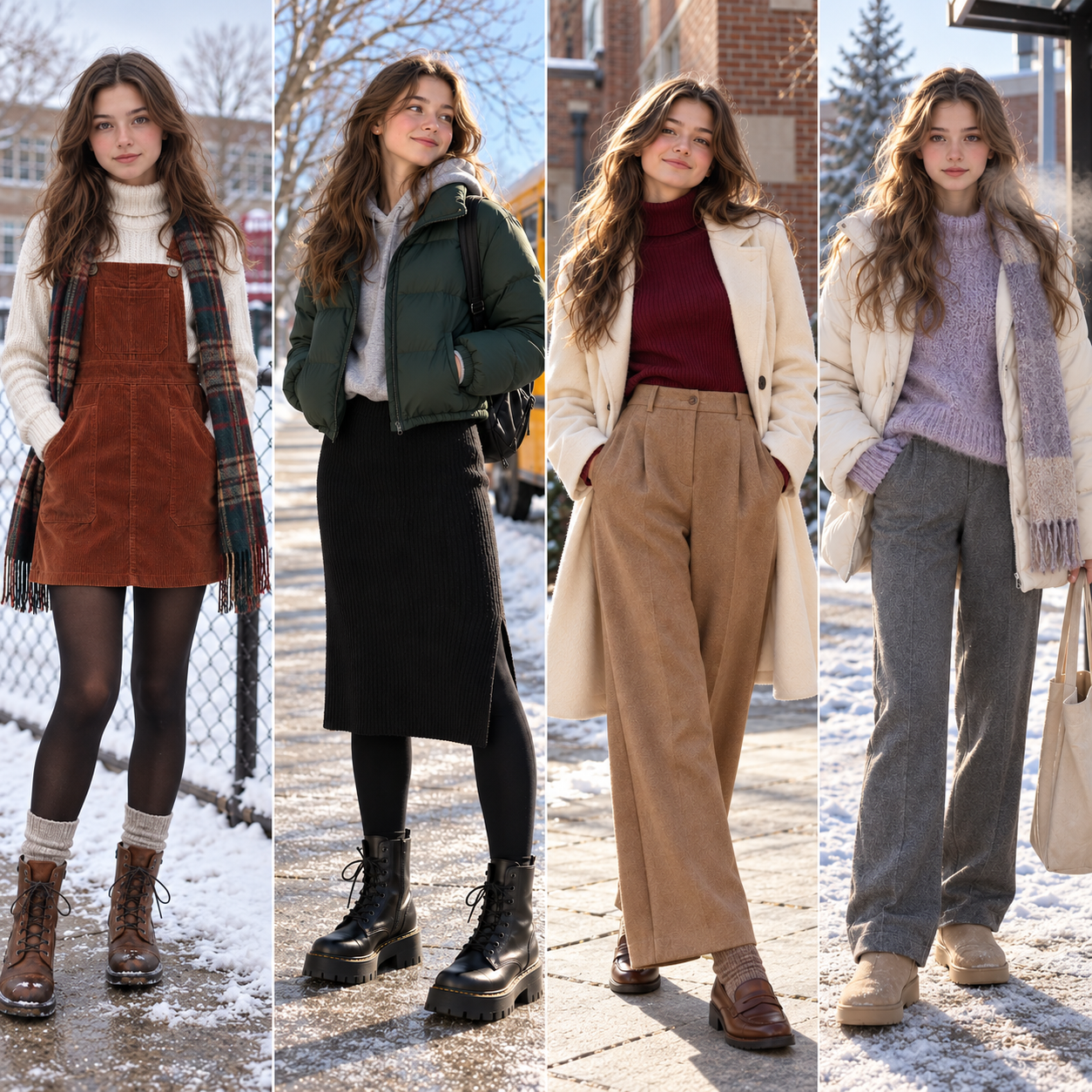 Collage of four winter outfits for school featuring a rust corduroy pinafore dress, green puffer jacket with black knit skirt, burgundy turtleneck with camel trousers, and lavender sweater with cream puffer coat.