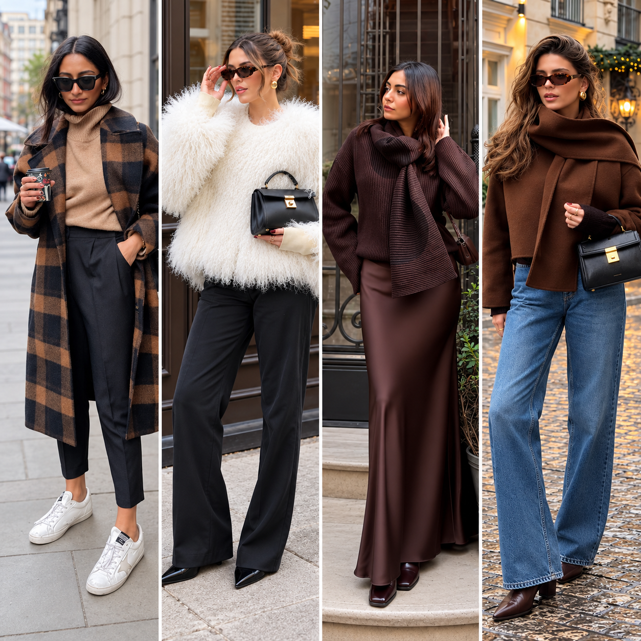 Four-panel collage showing stylish winter outfits for women, including a brown plaid coat with black trousers, a fluffy cream jacket with black pants, a chocolate brown sweater with a satin maxi skirt, and a brown scarf sweater with wide-leg jeans.